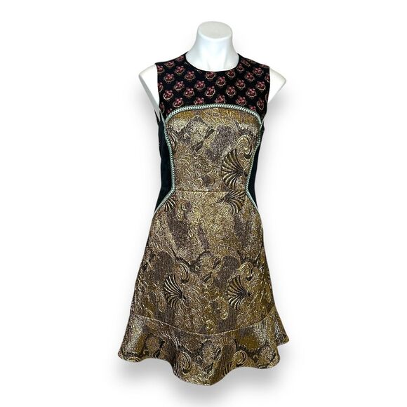 ETRO Jasper Gold Textured A-Line Dress US 6 IT 42 Sleeveless Paisley High Neck - Picture 2 of 9